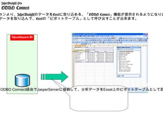 JasperAnalysis Pro
ODBO Connect
ョンより、JasperAnalysisのデータをExcelに取り込める、「ODBO Connect」機能が提供されるようになりま
データを取り込んで、Excelの「ピボットテーブル」として呼び出すことが出来ます。



         OpusSquare BI




ODBO Connect経由でJasperServerに接続して、分析データをExcel上のピボットテーブルとして読
 