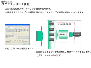 JasperETL (3/3)
 スケジューリング機能
     JasperETLにはスケジューリング機能があります。
     一度作成されたジョブは定期的に決められたタイミングで実行させることができます。




     一度スケジュールを設定すると・・・
                      定期的に必要なデータを収集し、帳票データへ蓄積します。
                      （月次レポートの作成など）
 