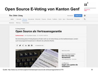 Open Source in der Schweiz21. Juni 2016 30
Open Source E-Voting von Kanton Genf
Quelle: http://www.nzz.ch/meinung/kommentare/open-source-als-vertrauensgarantie-ld.3776
 