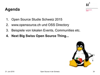 Open Source in der Schweiz21. Juni 2016 34
Agenda
1. Open Source Studie Schweiz 2015
2. www.opensource.ch und OSS Directory
3. Beispiele von lokalen Events, Communities etc.
4. Next Big Swiss Open Source Thing...
 