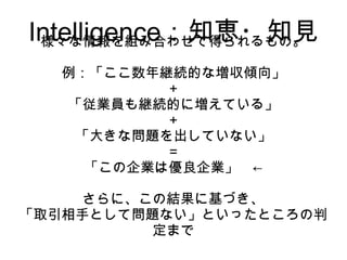 Intelligence：知恵・知見
 様々な情報を組み合わせて得られるもの。

  例：「ここ数年継続的な増収傾向」
           ＋
   「従業員も継続的に増えている」
           ＋
    「大きな問題を出していない」
           ＝
     「この企業は優良企業」　←

     さらに、この結果に基づき、
「取引相手として問題ない」といったところの判
          定まで
 