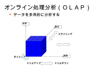 オンライン処理分析（ＯＬＡＰ）
   データを多角的に分析する

       地域
                     製品


                      スライシング




                          期間
    ダイシング

            ドリルアップ   ドリルダウン
 