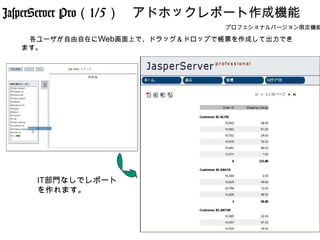 JasperServer Pro（1/5）　アドホックレポート作成機能
                                プロフェショナルバージョン限定機能

  　各ユーザが自由自在にWeb画面上で、ドラッグ＆ドロップで帳票を作成して出力でき
  ます。




    IT部門なしでレポート
    を作れます。
 
