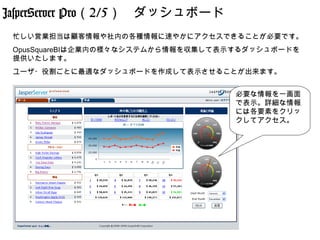 JasperServer Pro（2/5）　ダッシュボード
 忙しい営業担当は顧客情報や社内の各種情報に速やかにアクセスできることが必要です。
 OpusSquareBIは企業内の様々なシステムから情報を収集して表示するダッシュボードを
 提供いたします。
 ユーザ・役割ごとに最適なダッシュボードを作成して表示させることが出来ます。


                                   必要な情報を一画面
                                   で表示。詳細な情報
                                   には各要素をクリッ
                                   クしてアクセス。
 