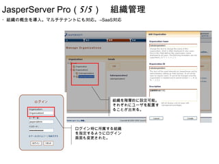 JasperServer Pro（5/5）　組織管理
・組織の概念を導入。マルチテナントにも対応。→SaaS対応




                          組織を階層的に設定可能。
                          それぞれにユーザを配置す
                          ることが出来る。



                 ログイン時に所属する組織
                 を指定するようにログイン
                 画面も変更された。
 