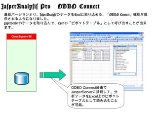 JasperAnalysis Pro　ODBO Connect
最新バージョンより、JasperAnalysisのデータをExcelに取り込める、「ODBO Connect」機能が提
供されるようになりました。
JasperServerのデータを取り込んで、Excelの「ピボットテーブル」として呼び出すことが出来
ます。

   OpusSquare BI




                           ODBO Connect経由で
                           JasperServerに接続して、分
                           析データをExcel上のピボット
                           テーブルとして読み込むこと
                           が可能。
 