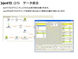 JasperETL (2/3)　データ統合
 GUIでプログラミングレスでETL処理手順を定義できます。
 JavaやPerlのプログラミング技術者であればより柔軟な定義が可能になります
 