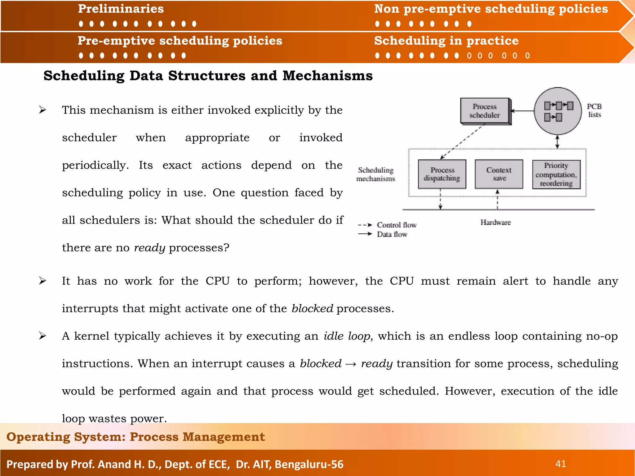 Preliminaries Non pre-emptive scheduling policies
Pre-emptive scheduling policies Scheduling in practice
Prepared by Prof. Anand H. D., Dept. of ECE, Dr. AIT, Bengaluru-56 41
Operating System: Process Management
Preliminaries Non pre-emptive scheduling policies
Pre-emptive scheduling policies Scheduling in practice
 This mechanism is either invoked explicitly by the
scheduler when appropriate or invoked
periodically. Its exact actions depend on the
scheduling policy in use. One question faced by
all schedulers is: What should the scheduler do if
there are no ready processes?
Scheduling Data Structures and Mechanisms
 It has no work for the CPU to perform; however, the CPU must remain alert to handle any
interrupts that might activate one of the blocked processes.
 A kernel typically achieves it by executing an idle loop, which is an endless loop containing no-op
instructions. When an interrupt causes a blocked → ready transition for some process, scheduling
would be performed again and that process would get scheduled. However, execution of the idle
loop wastes power.
 