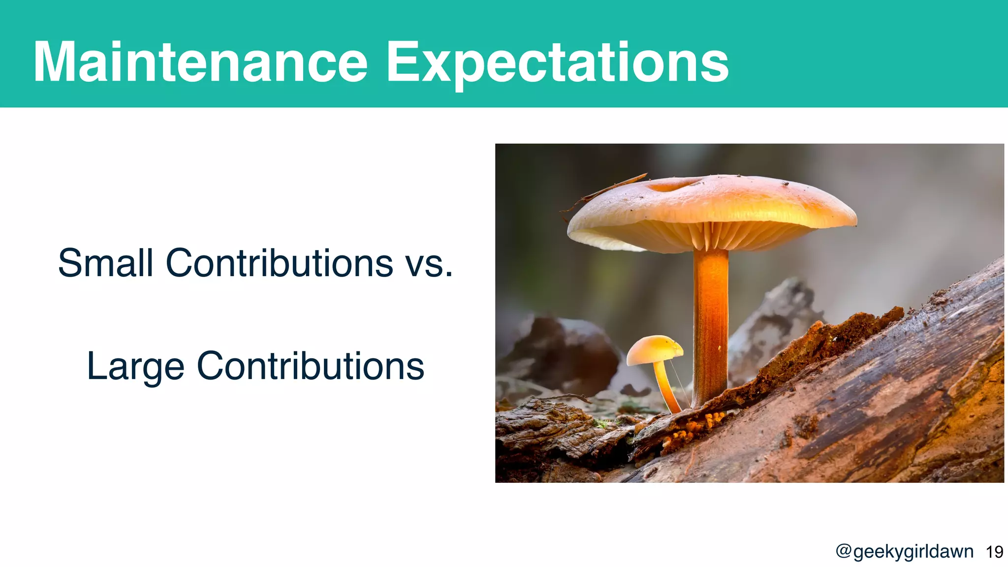 @geekygirldawn
Maintenance Expectations
Small Contributions vs.
Large Contributions
!19
 