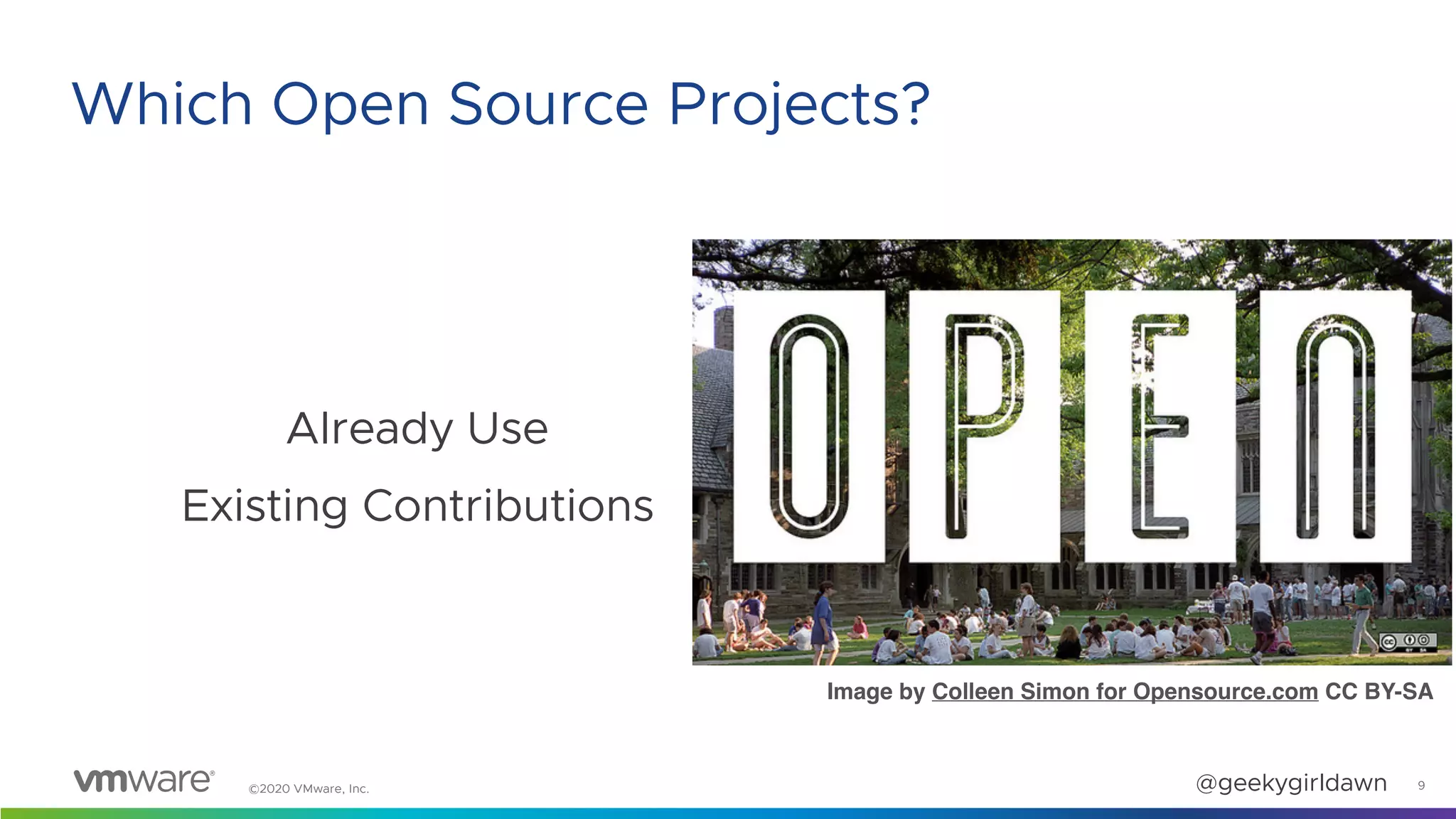 ©2020 VMware, Inc. @geekygirldawn
Already Use
Existing Contributions
Image by Colleen Simon for Opensource.com CC BY-SA
9
Which Open Source Projects?
 