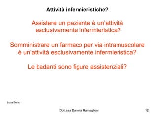 Attività infermieristiche?   Assistere un paziente è un’attività  esclusivamente infermieristica?  Somministrare un farmaco per via intramuscolare  è un’attività esclusivamente infermieristica?  Le badanti sono figure assistenziali?  Luca Benci 