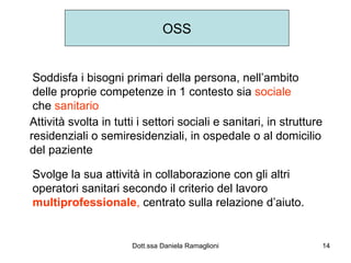 OSS Soddisfa i bisogni primari della persona, nell’ambito delle proprie competenze in 1 contesto sia  sociale  che  sanitario Attività svolta in tutti i settori sociali e sanitari, in strutture residenziali o semiresidenziali, in ospedale o al domicilio del paziente Svolge la sua attività in collaborazione con gli altri operatori sanitari secondo il criterio del lavoro  multiprofessionale ,  centrato sulla relazione d’aiuto. 