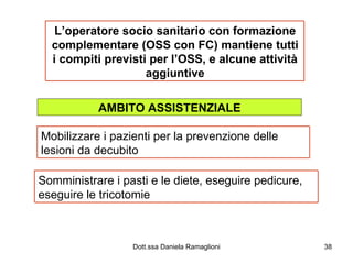 L’operatore socio sanitario con formazione complementare (OSS con FC) mantiene tutti i compiti previsti per l’OSS, e alcune attività aggiuntive AMBITO ASSISTENZIALE Mobilizzare i pazienti per la prevenzione delle lesioni da decubito Somministrare i pasti e le diete, eseguire pedicure, eseguire le tricotomie 