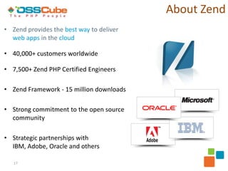 About Zend
• Zend provides the best way to deliver
  web apps in the cloud

• 40,000+ customers worldwide

• 7,500+ Zend PHP Certified Engineers

• Zend Framework - 15 million downloads

• Strong commitment to the open source
  community

• Strategic partnerships with
  IBM, Adobe, Oracle and others

   17
 