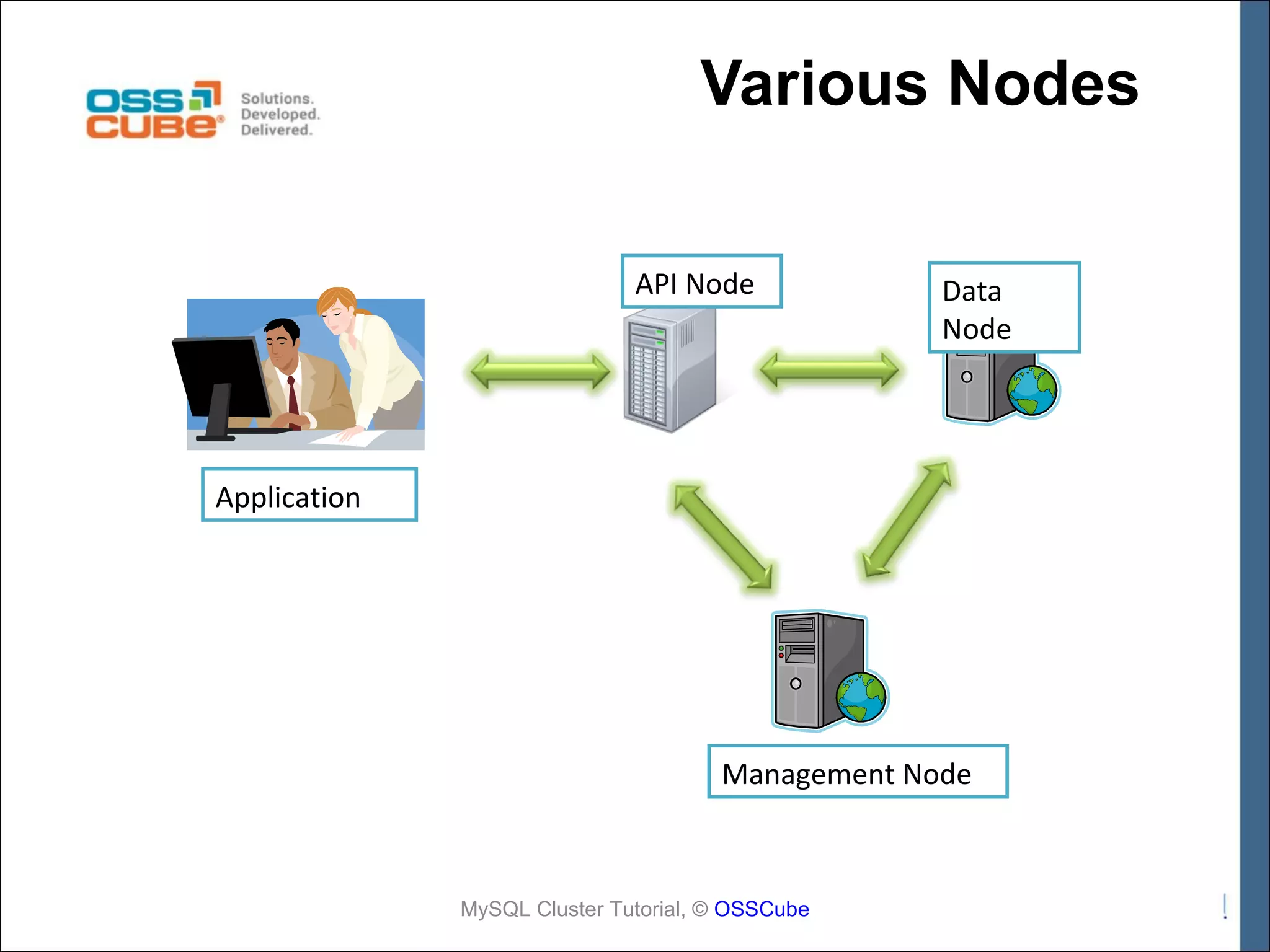 Various Nodes API Node Data Node Application Management Node MySQL Cluster Tutorial, © OSSCube 