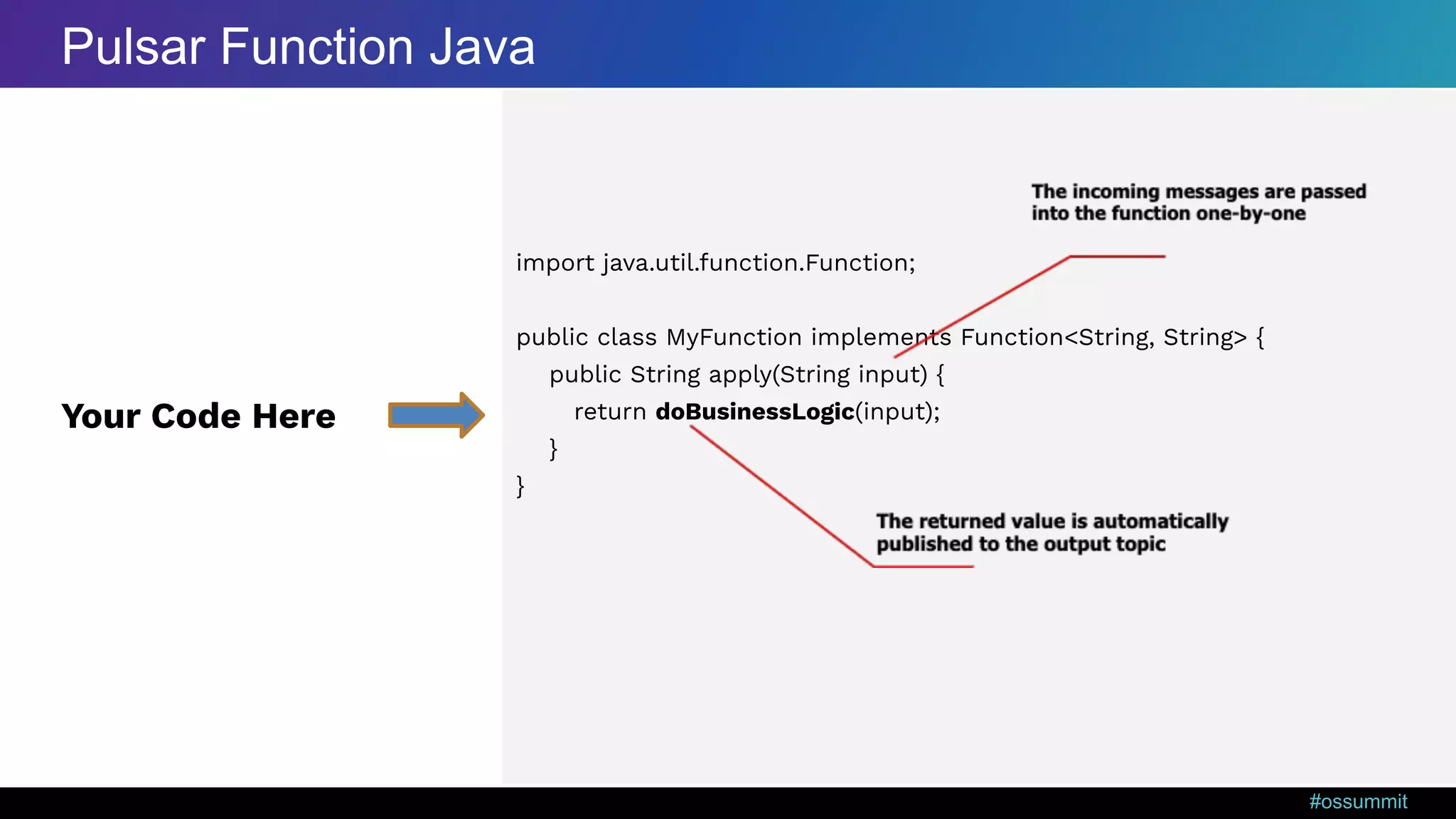 #ossummit import java.util.function.Function; public class MyFunction implements Function<String, String> { public String apply(String input) { return doBusinessLogic(input); } } Your Code Here Pulsar Function Java 