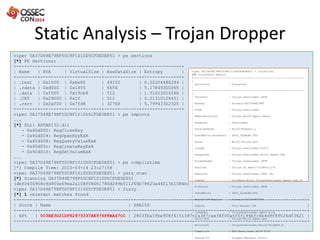 Static Analysis – Trojan Dropper 
viper 0A37D49E798F50C8F1010D5CFDE0E851 > virustotal 
[*] VirusTotal Report: 
+----------...