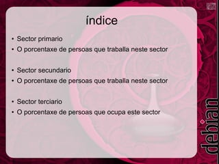 índice
● Sector primario
● O porcentaxe de persoas que traballa neste sector
● Sector secundario
● O porcentaxe de persoas que traballa neste sector
● Sector terciario
● O porcentaxe de persoas que ocupa este sector
 