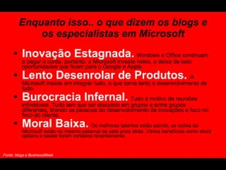 Enquanto isso.. o que dizem os blogs e
            os especialistas em Microsoft

     • Inovação Estagnada. Windows e Office continuam
          a pagar a conta, portanto, a Microsoft investe neles, e deixa de lado
          oportunidades que ficam para o Google e Apple.
     • Lento Desenrolar de Produtos. A
          Microsoft insiste em integrar tudo, o que torna lento o desenvolvimento de
          tudo.
     • Burocracia Infernal. Tudo é motivo de reuniões
          infindáveis. Tudo tem que ser discutido em grupos e entre grupos
          diferentes, tirando as pessoas do desenvolvimento de inovações e foco no
          foco do cliente.
     • Moral Baixa. Os melhores talentos estão saindo, as ações da
          Microsoft estão no mesmo patamar de sete anos atrás. Vários benefícios como stock
          options e saúde foram cortados recentemente.


Fonte: blogs e BusinessWeek
 