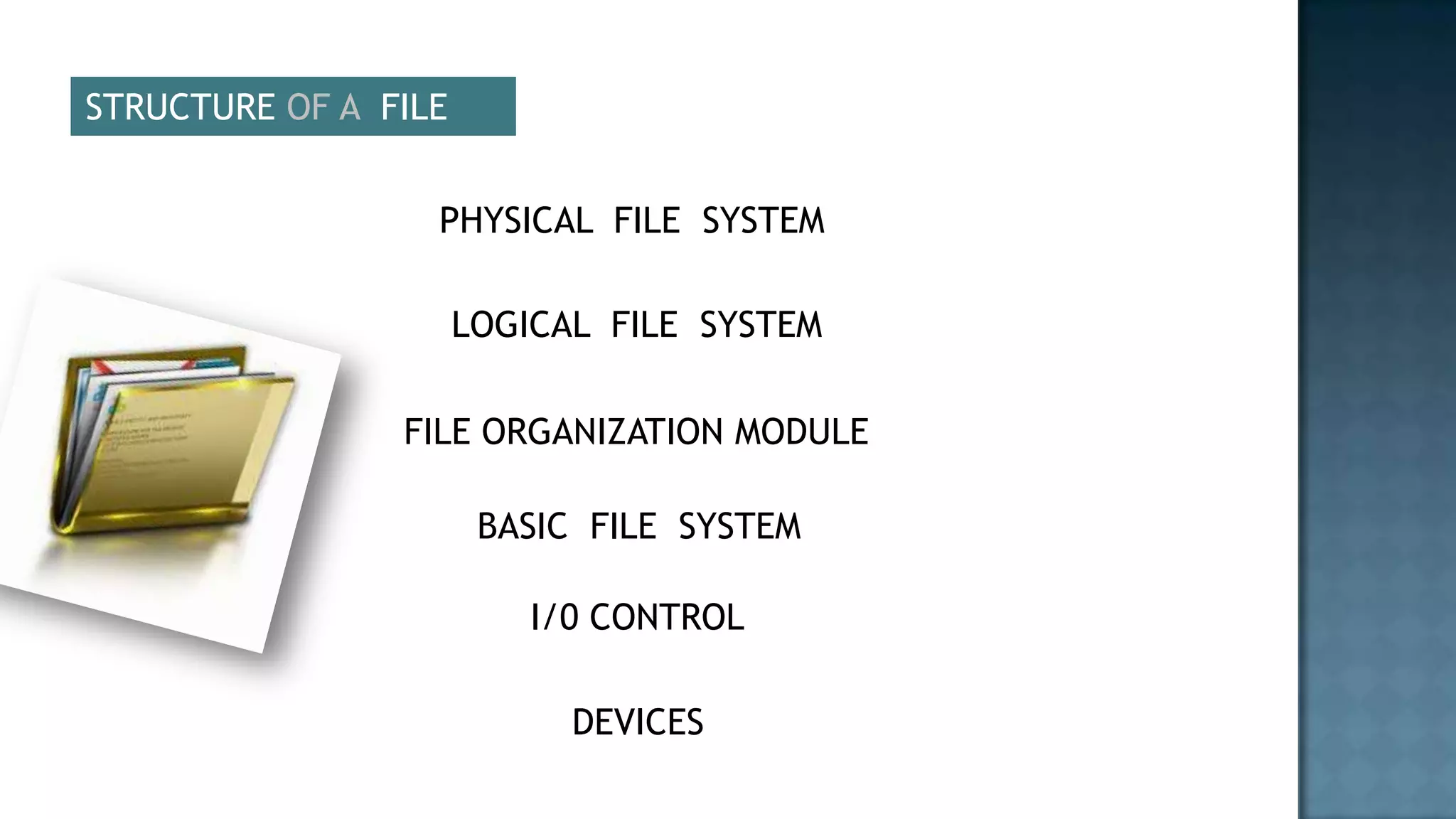STRUCTURE OF A FILE


                  PHYSICAL FILE SYSTEM

                      LOGICAL FILE SYSTEM

                FILE ORGANIZATION MODULE

                       BASIC FILE SYSTEM

                          I/0 CONTROL

                            DEVICES
 