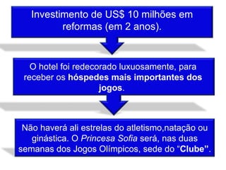 Investimento de US$ 10 milhões em reformas (em 2 anos). O hotel foi redecorado luxuosamente, para receber os  hóspedes mais importantes dos jogos .  Não haverá ali estrelas do atletismo,natação ou ginástica. O  Princesa Sofia  será, nas duas semanas dos Jogos Olímpicos, sede do “ Clube” . 