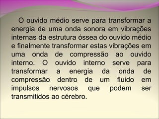 O ouvido médio serve para transformar a
energia de uma onda sonora em vibrações
internas da estrutura óssea do ouvido médio
e finalmente transformar estas vibrações em
uma onda de compressão ao ouvido
interno. O ouvido interno serve para
transformar a energia da onda de
compressão dentro de um fluido em
impulsos nervosos que podem ser
transmitidos ao cérebro.

 