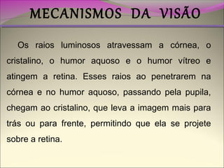 MECANISMOS DA VISÃO
Os raios luminosos atravessam a córnea, o
cristalino, o humor aquoso e o humor vítreo e
atingem a retina. Esses raios ao penetrarem na
córnea e no humor aquoso, passando pela pupila,
chegam ao cristalino, que leva a imagem mais para
trás ou para frente, permitindo que ela se projete
sobre a retina.

 