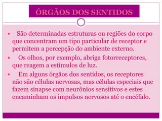 ÓRGÃOS DOS SENTIDOS
 São determinadas estruturas ou regiões do corpo
que concentram um tipo particular de receptor e
permitem a percepção do ambiente externo.
 Os olhos, por exemplo, abriga fotorreceptores,
que reagem a estímulos de luz.
 Em alguns órgãos dos sentidos, os receptores
não são células nervosas, mas células especiais que
fazem sinapse com neurônios sensitivos e estes
encaminham os impulsos nervosos até o encéfalo.
 