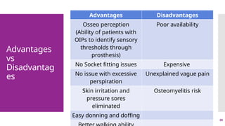 20
Advantages
vs
Disadvantag
es
Advantages Disadvantages
Osseo perception
(Ability of patients with
OIPs to identify sensory
thresholds through
prosthesis)
Poor availability
No Socket fitting issues Expensive
No issue with excessive
perspiration
Unexplained vague pain
Skin irritation and
pressure sores
eliminated
Osteomyelitis risk
Easy donning and doffing
 