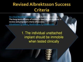 Int J Oral Maxillofac Implants. 1986 Summer;1(1):11-25.
The long-term efficacy of currently used dental implants: a
review and proposed criteria of success.
AlbrektssonT, Zarb G, Worthington P, Eriksson AR.
 