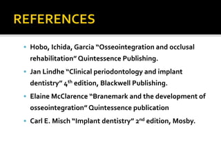  Hobo, Ichida, Garcia “Osseointegration and occlusal
rehabilitation” Quintessence Publishing.
 Jan Lindhe “Clinical periodontology and implant
dentistry” 4th edition, Blackwell Publishing.
 Elaine McClarence “Branemark and the development of
osseointegration” Quintessence publication
 Carl E. Misch “Implant dentistry” 2nd edition, Mosby.
 