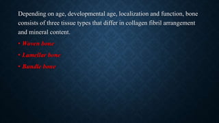 Depending on age, developmental age, localization and function, bone
consists of three tissue types that differ in collagen fibril arrangement
and mineral content.
• Woven bone
• Lamellar bone
• Bundle bone
 
