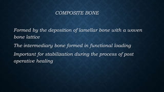 COMPOSITE BONE
Formed by the deposition of lamellar bone with a woven
bone lattice
The intermediary bone formed in functional loading
Important for stabilization during the process of post
operative healing
 