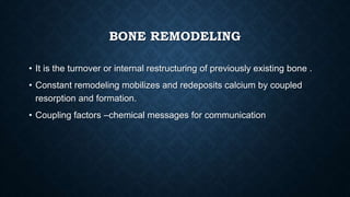 BONE REMODELING
• It is the turnover or internal restructuring of previously existing bone .
• Constant remodeling mobilizes and redeposits calcium by coupled
resorption and formation.
• Coupling factors –chemical messages for communication
 