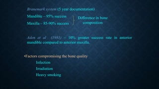 •Factors compromising the bone quality
Infection
Irradiation
Heavy smoking
Branemark system (5 year documentation)
Mandible – 95% success
Maxilla – 85-90% success
Aden et al (1981) – 10% greater success rate in anterior
mandible compared to anterior maxilla.
Difference in bone
composition
 