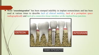  Word “osseointegration” has been stamped indelibly in implant nomenclature and has been
used at various times to describe lack of clinical mobility, lack of a perimplant space
radiographically and lack of a connective tissue interface at the implant/bone junction.
OSTEON INTEGRARE
OSSEO INTEGRATION
 