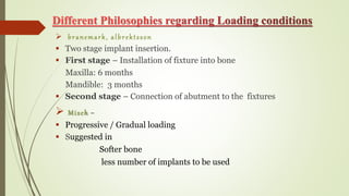  branemark, albrektsson
 Two stage implant insertion.
 First stage – Installation of fixture into bone
Maxilla: 6 months
Mandible: 3 months
 Second stage – Connection of abutment to the fixtures
 Misch –
 Progressive / Gradual loading
 Suggested in
Softer bone
less number of implants to be used
 