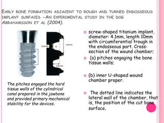 EARLY BONE FORMATION ADJACENT TO ROUGH AND TURNED ENDOSSEOUS
IMPLANT SURFACES -AN EXPERIMENTAL STUDY IN THE DOG
ABRAHAMSSON ET AL (2004).
 screw-shaped titanium implant,
diameter: 4.1mm, length 10mm
with circumferential trough in
the endosseous part. Cross-
section of the wound chamber;
 (a) pitches engaging the bone
tissue walls;
 (b) inner U-shaped wound
chamber proper.
 The dotted line indicates the
lateral wall of the chamber, that
is, the position of the cut bone
surface.
The pitches engaged the hard
tissue walls of the cylindrical
canal prepared in the jawbone
and provided primary mechanical
stability for the devices.
 