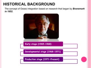 HISTORICAL BACKGROUND
The concept of Osseo integration based on research that began by Branemark
in 1952.
Early stage (1965-1968)
Developmental stage (1968-1971)
Production stage (1971-Present)
 