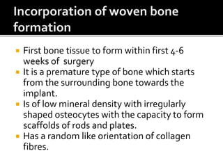  First bone tissue to form within first 4-6
weeks of surgery
 It is a premature type of bone which starts
from the surrounding bone towards the
implant.
 Is of low mineral density with irregularly
shaped osteocytes with the capacity to form
scaffolds of rods and plates.
 Has a random like orientation of collagen
fibres.
 