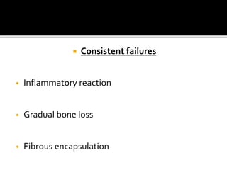  Consistent failures
• Inflammatory reaction
• Gradual bone loss
• Fibrous encapsulation
 