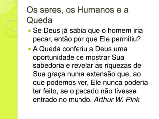 Os seres, os Humanos e a
Queda
 Se Deus já sabia que o homem iria
pecar, então por que Ele permitiu?
 A Queda conferiu a Deus uma
oportunidade de mostrar Sua
sabedoria e revelar as riquezas de
Sua graça numa extensão que, ao
que podemos ver, Ele nunca poderia
ter feito, se o pecado não tivesse
entrado no mundo. Arthur W. Pink
 