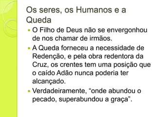 Os seres, os Humanos e a
Queda
 O Filho de Deus não se envergonhou
de nos chamar de irmãos.
 A Queda forneceu a necessidade de
Redenção, e pela obra redentora da
Cruz, os crentes tem uma posição que
o caído Adão nunca poderia ter
alcançado.
 Verdadeiramente, “onde abundou o
pecado, superabundou a graça”.
 