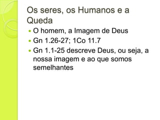 Os seres, os Humanos e a
Queda
 O homem, a Imagem de Deus
 Gn 1.26-27; 1Co 11.7
 Gn 1.1-25 descreve Deus, ou seja, a
nossa imagem e ao que somos
semelhantes
 