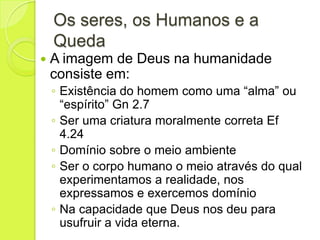 Os seres, os Humanos e a
Queda
 A imagem de Deus na humanidade
consiste em:
◦ Existência do homem como uma “alma” ou
“espírito” Gn 2.7
◦ Ser uma criatura moralmente correta Ef
4.24
◦ Domínio sobre o meio ambiente
◦ Ser o corpo humano o meio através do qual
experimentamos a realidade, nos
expressamos e exercemos domínio
◦ Na capacidade que Deus nos deu para
usufruir a vida eterna.
 