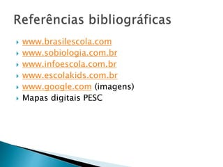  www.brasilescola.com
 www.sobiologia.com.br
 www.infoescola.com.br
 www.escolakids.com.br
 www.google.com (imagens)
 Mapas digitais PESC
 