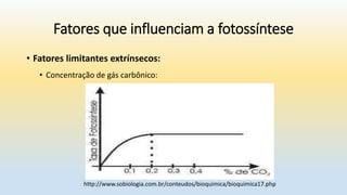 Fatores que influenciam a fotossíntese
• Fatores limitantes extrínsecos:
• Concentração de gás carbônico:
http://www.sobiologia.com.br/conteudos/bioquimica/bioquimica17.php
 