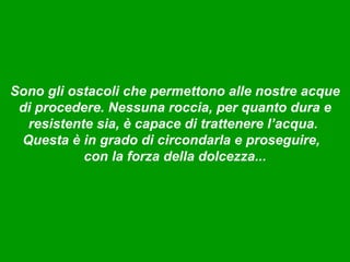 Sono gli ostacoli che permettono alle nostre acque
 di procedere. Nessuna roccia, per quanto dura e
  resistente sia, è capace di trattenere l’acqua.
 Questa è in grado di circondarla e proseguire,
           con la forza della dolcezza...
 