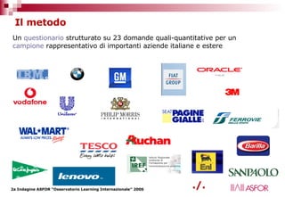 Il metodo Un  questionario  strutturato su 23 domande quali-quantitative per un  campione  rappresentativo di importanti aziende italiane e estere ./. 
