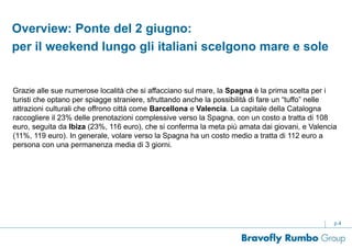 Overview: Ponte del 2 giugno:
per il weekend lungo gli italiani scelgono mare e sole
Grazie alle sue numerose località che si affacciano sul mare, la Spagna è la prima scelta per i
turisti che optano per spiagge straniere, sfruttando anche la possibilità di fare un “tuffo” nelle
attrazioni culturali che offrono città come Barcellona e Valencia. La capitale della Catalogna
raccogliere il 23% delle prenotazioni complessive verso la Spagna, con un costo a tratta di 108
euro, seguita da Ibiza (23%, 116 euro), che si conferma la meta più amata dai giovani, e Valencia
(11%, 119 euro). In generale, volare verso la Spagna ha un costo medio a tratta di 112 euro a
persona con una permanenza media di 3 giorni.
p.4
 